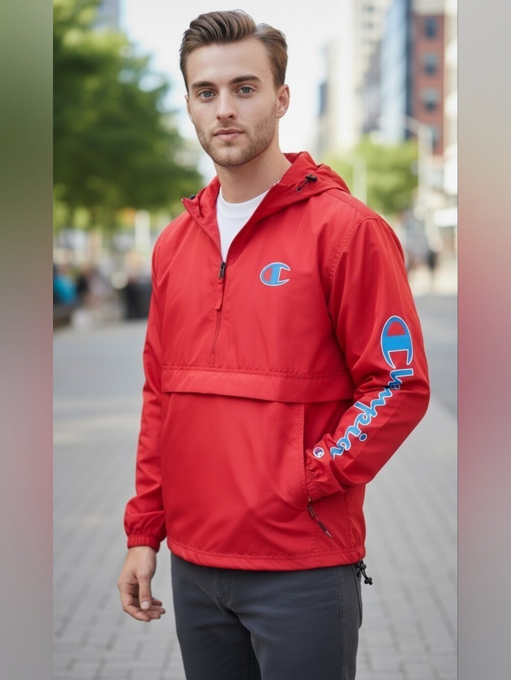 Champion Athletic Nylon Hooded Jacket Large Red Windbreaker Pullover Lightweight